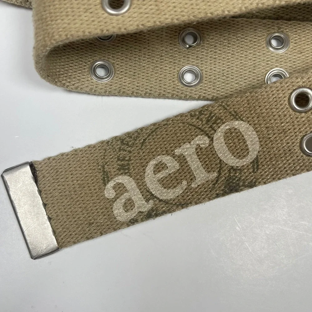 Vintage Aeropostale Canvas Grommet Belt Mens Tan Double Prong Y2K Skater Grunge